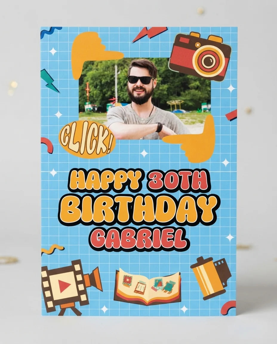 Personalised Vintage Camera Birthday Party Mega Card displayed against a plain studio background