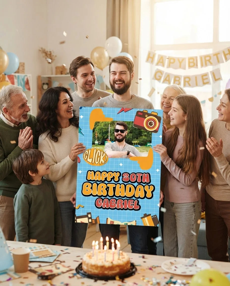 Friends and family celebrating with the personalised Vintage Camera Birthday Party Mega Card