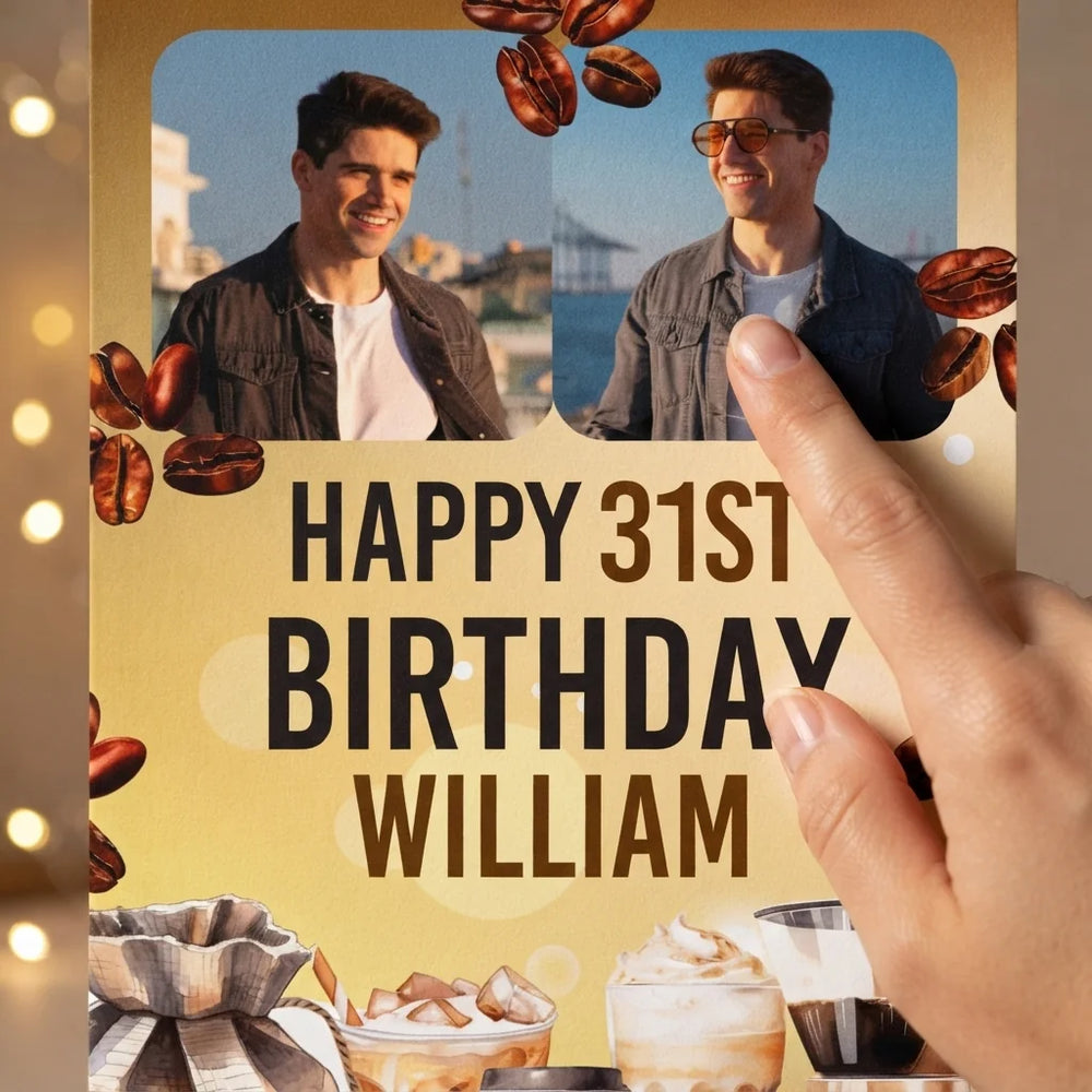 Close-up of the personalised name and photo printed on the Coffee Lover Birthday Theme Party Mega Card