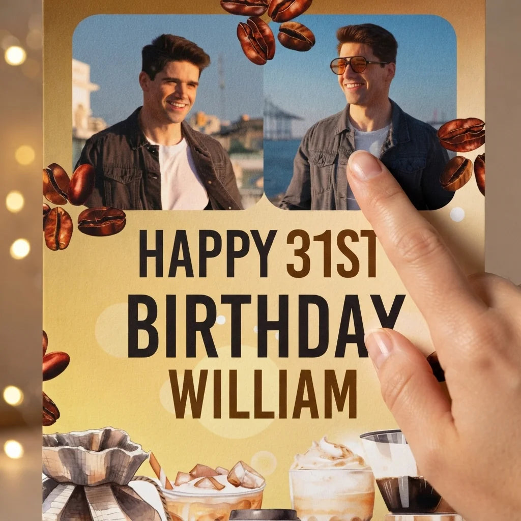 Close-up of the personalised name and photo printed on the Coffee Lover Birthday Theme Party Mega Card