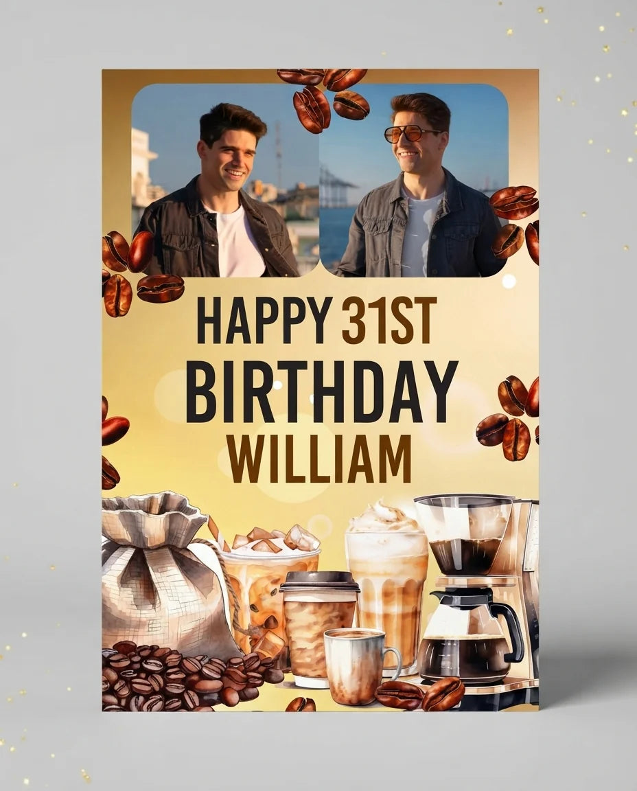 Personalised Coffee Lover Birthday Theme Party Mega Card displayed against a plain studio background