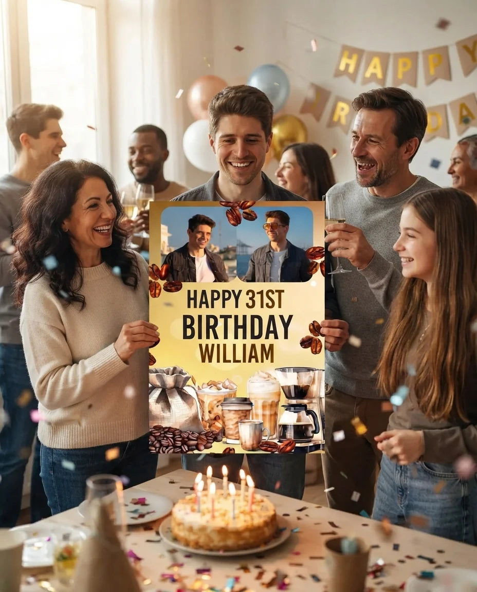 Friends and family celebrating with the personalised Coffee Lover Birthday Theme Party Mega Card