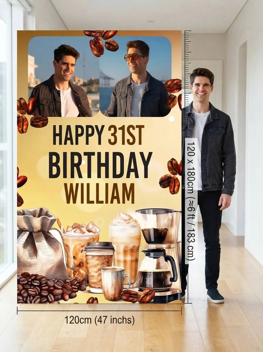 Person standing beside the Coffee Lover Birthday Theme Party Mega Card for scale in a size guide