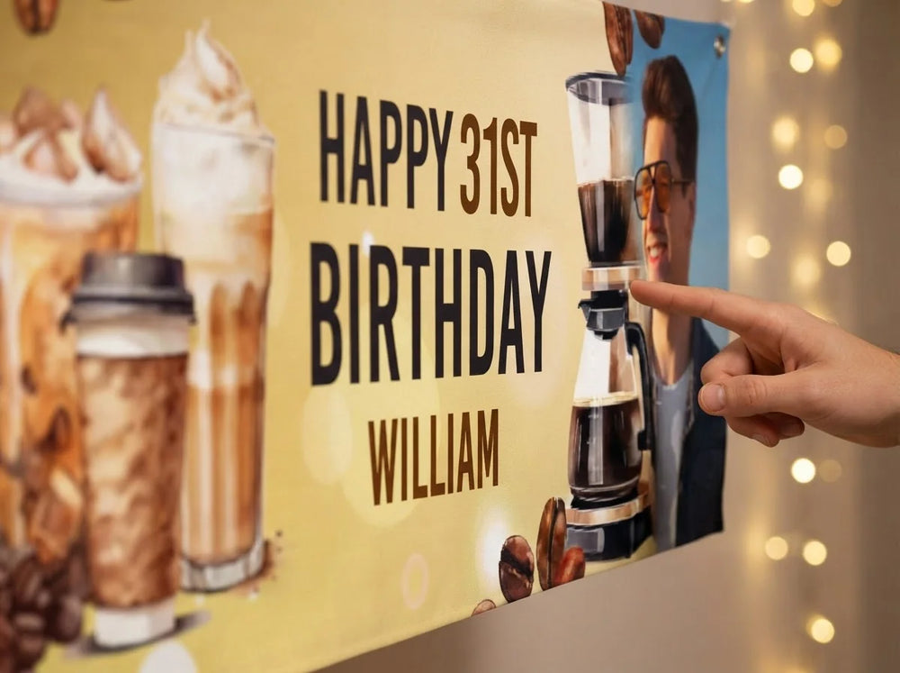 Close-up of the personalised name and photo printed on the Coffee Lover Birthday Theme Party Banner