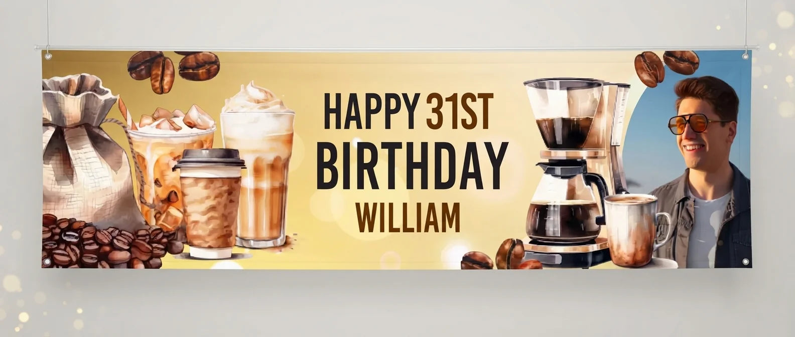 Personalised Coffee Lover Birthday Theme Party Banner displayed against a plain studio background