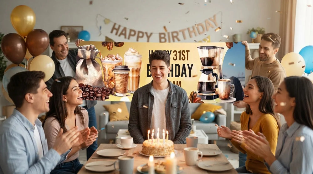 Friends and family celebrating with the personalised Coffee Lover Birthday Theme Party Banner