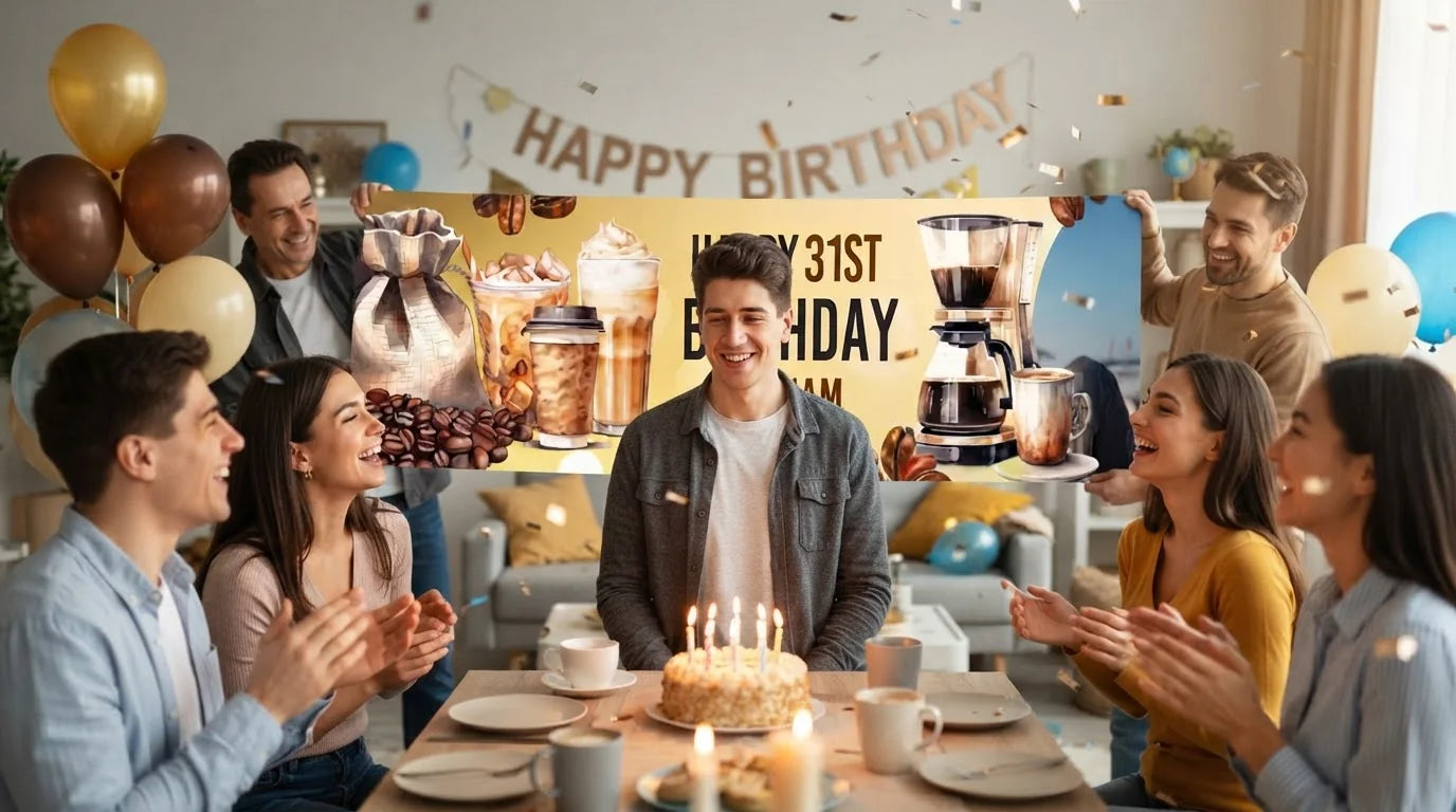 Friends and family celebrating with the personalised Coffee Lover Birthday Theme Party Banner