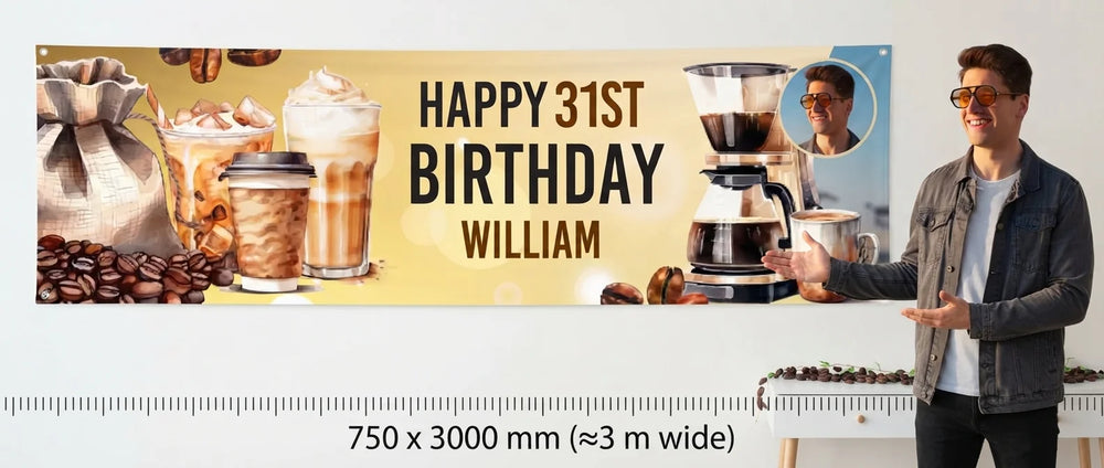 Person standing beside the Coffee Lover Birthday Theme Party Banner for scale, with size guide showing 750 x 3000 mm