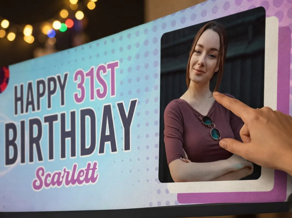 Close-up of the personalised name and photo printed on the Playing Cards Theme Birthday Party Banner