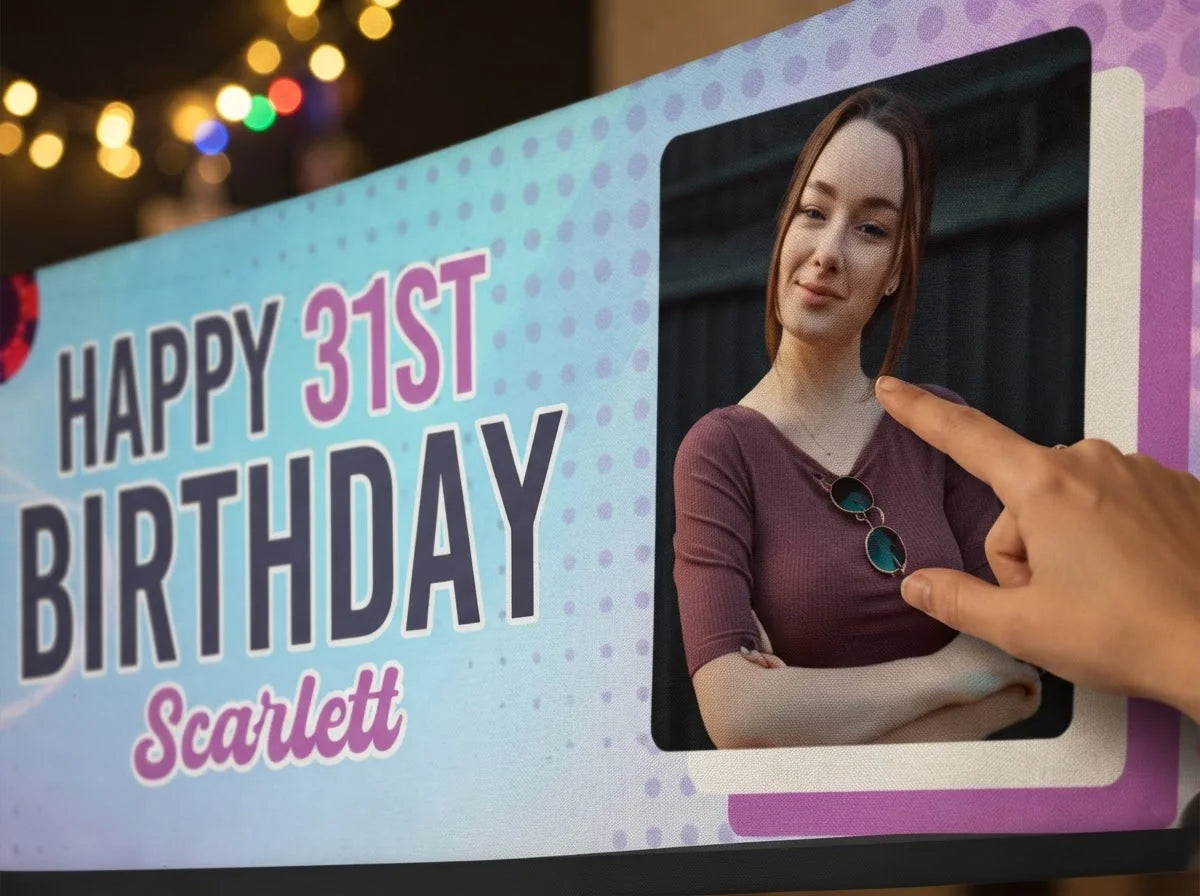 Close-up of the personalised name and photo printed on the Playing Cards Theme Birthday Party Banner