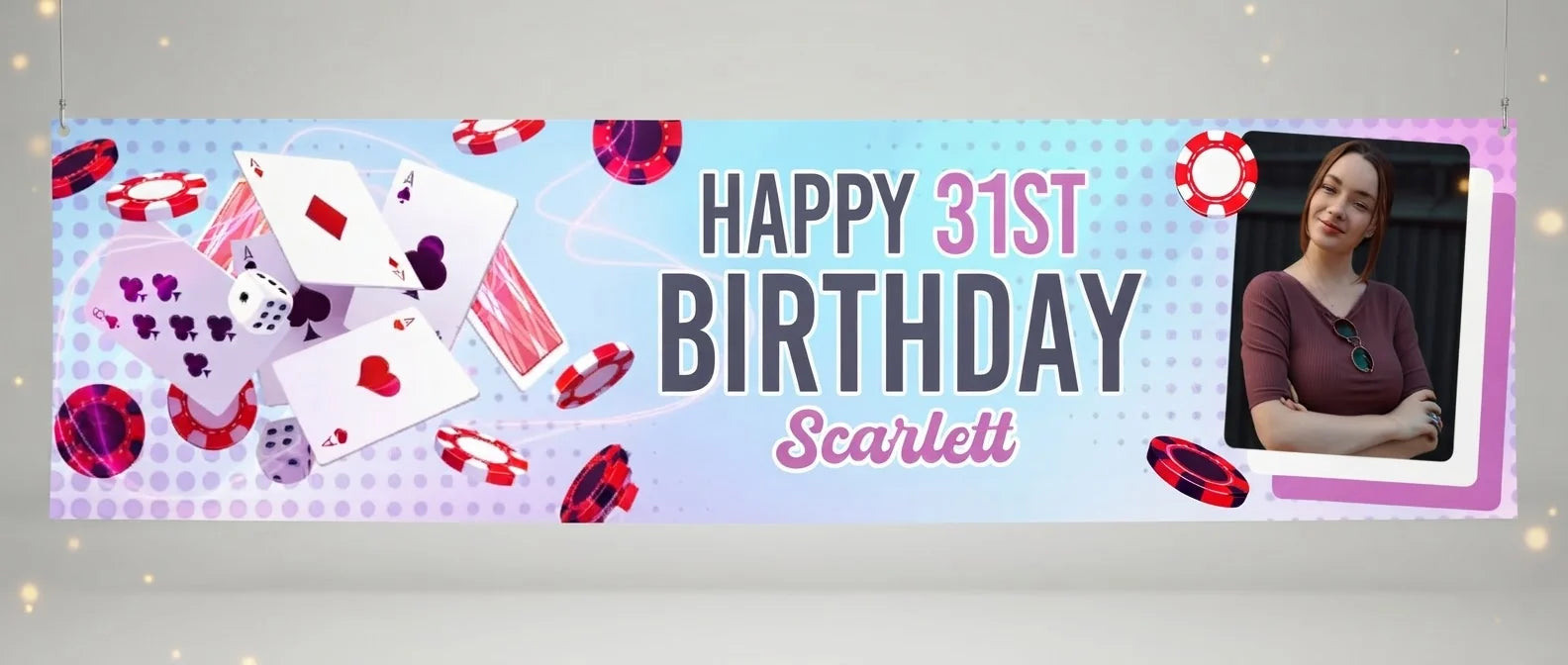 Personalised Playing Cards Theme Birthday Party Banner displayed against a plain studio background