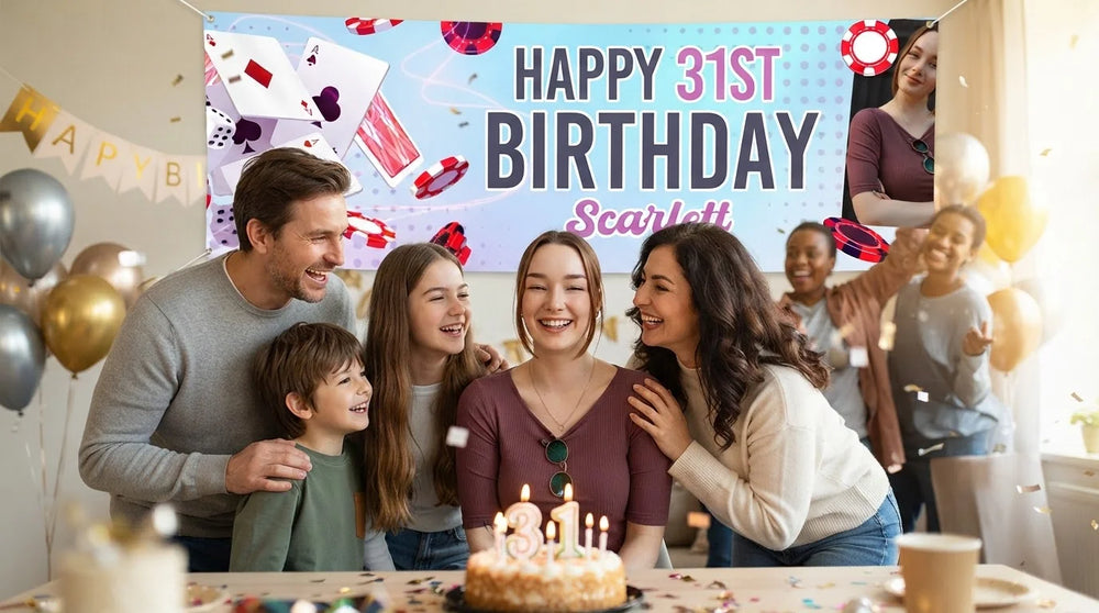 Friends and family celebrating with the personalised Playing Cards Theme Birthday Party Banner