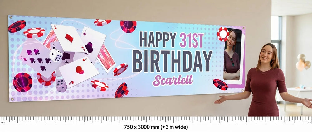 Person standing beside the Playing Cards Theme Birthday Party Banner for scale, with size guide showing 750 x 3000 mm