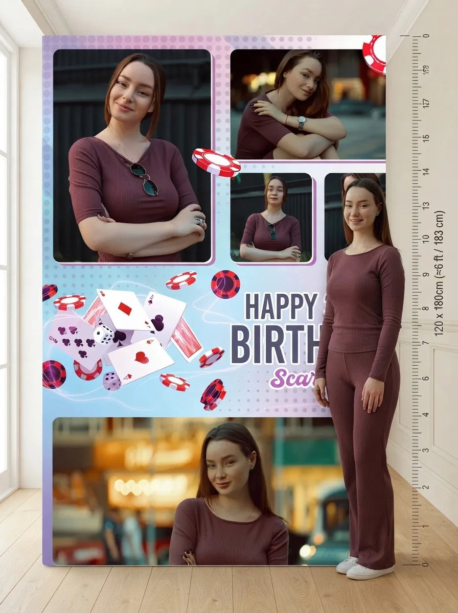 Person standing beside the Playing Cards Theme Birthday Party Mega Card for scale in a size guide