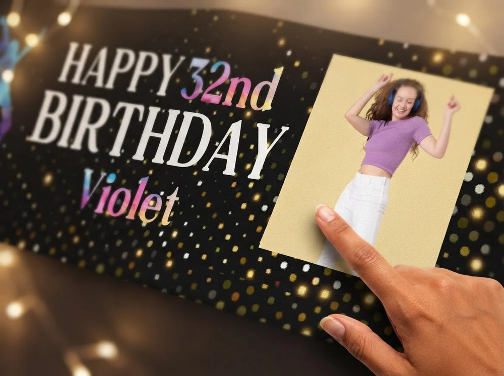 Close-up of the personalised name and photo printed on the Dance Birthday Party Banner