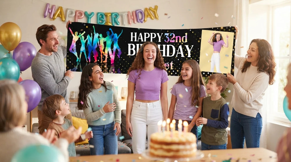 Friends and family celebrating with the personalised Dance Birthday Party Banner