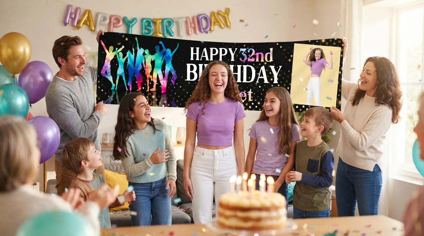 Friends and family celebrating with the personalised Dance Birthday Party Banner
