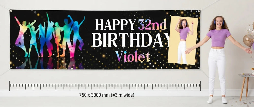 Person standing beside the Dance Birthday Party Banner for scale, with size guide showing 750 x 3000 mm