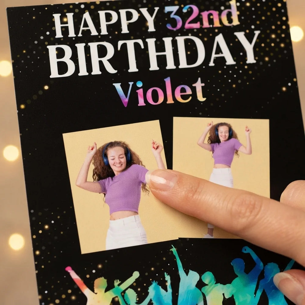 Close-up of the personalised name and photo printed on the Dance Birthday Party Mega Card