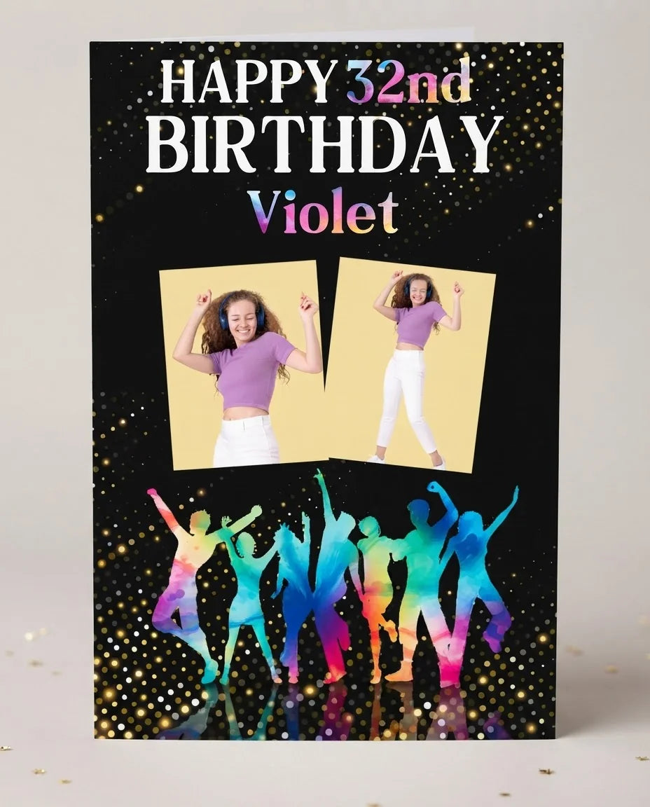 Personalised Dance Birthday Party Mega Card displayed against a plain studio background