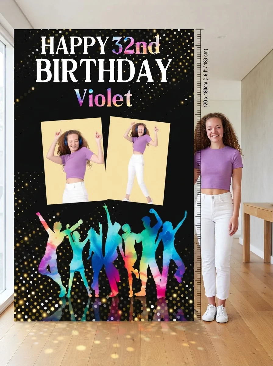 Person standing beside the Dance Birthday Party Mega Card for scale in a size guide