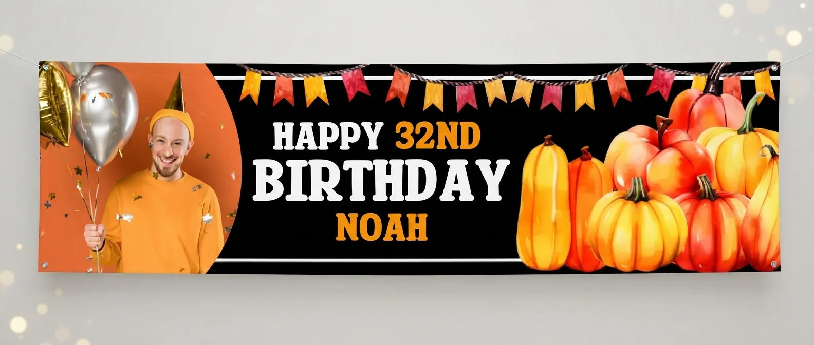 Personalised Thanksgiving Birthday Party Banner displayed against a plain studio background