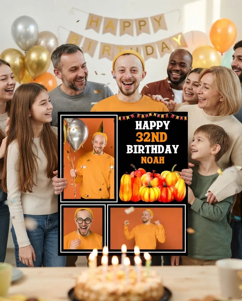Friends and family celebrating with the personalised Thanksgiving Birthday Party Mega Card
