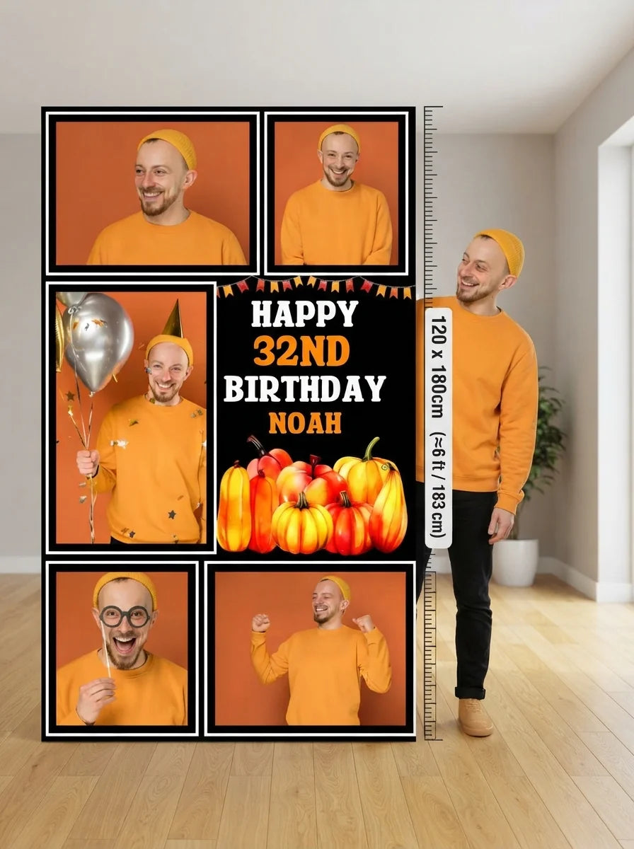 Person standing beside the Thanksgiving Birthday Party Mega Card for scale in a size guide
