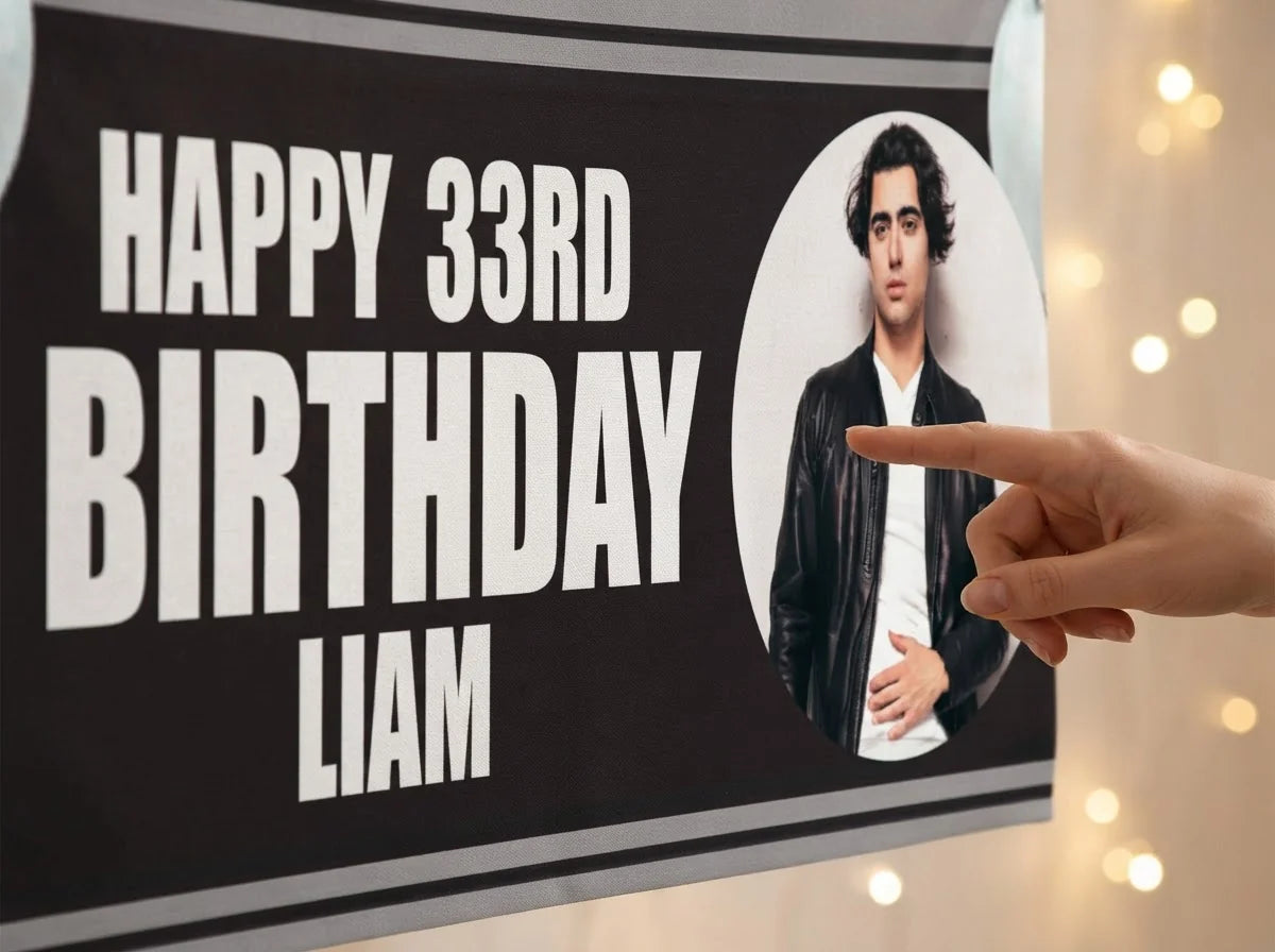 Close-up of the personalised name and photo printed on the Black and White Theme Birthday Party Banner