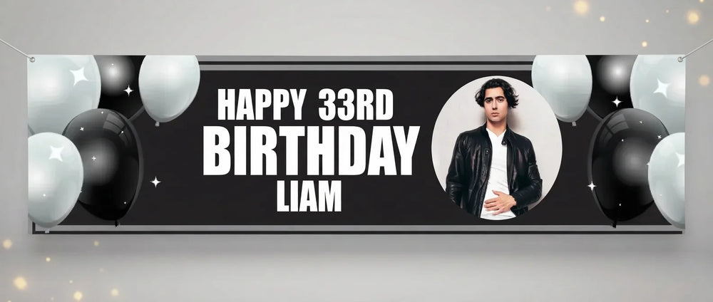 Personalised Black and White Theme Birthday Party Banner displayed against a plain studio background
