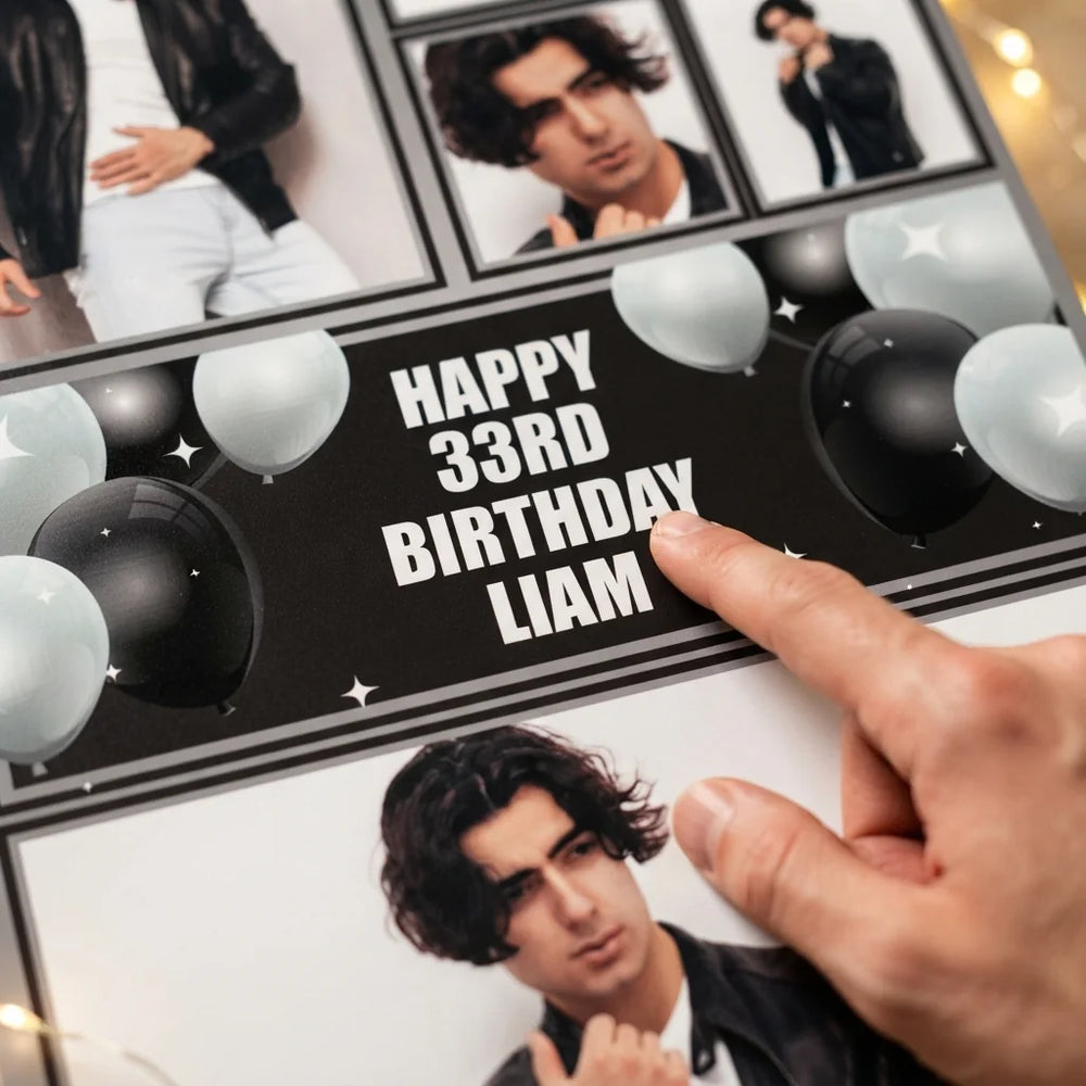 Close-up of the personalised name and photo printed on the Black and White Theme Birthday Party Mega Card