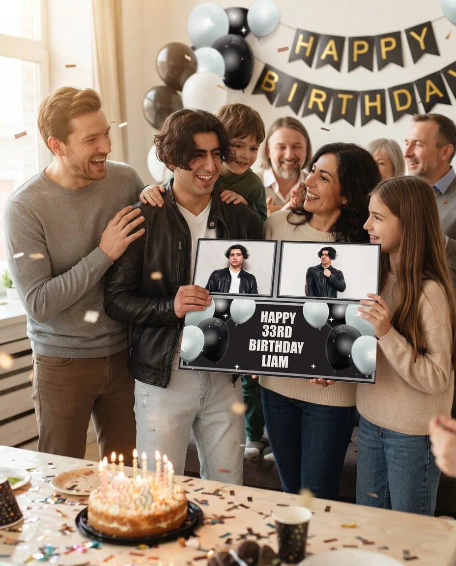Friends and family celebrating with the personalised Black and White Theme Birthday Party Mega Card
