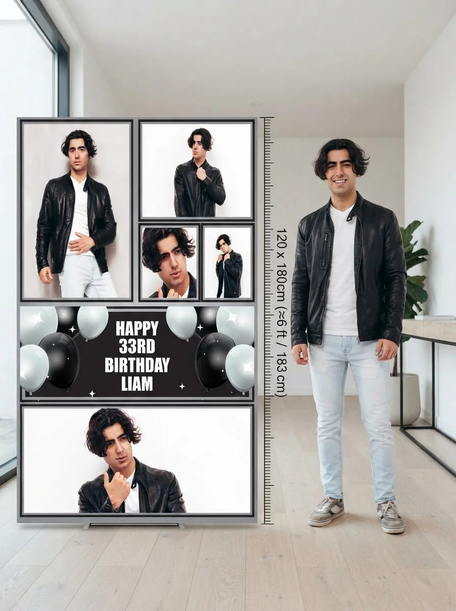 Person standing beside the Black and White Theme Birthday Party Mega Card for scale in a size guide