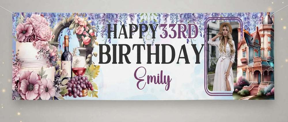 Personalised Bridgerton Theme Birthday Party Banner displayed against a plain studio background