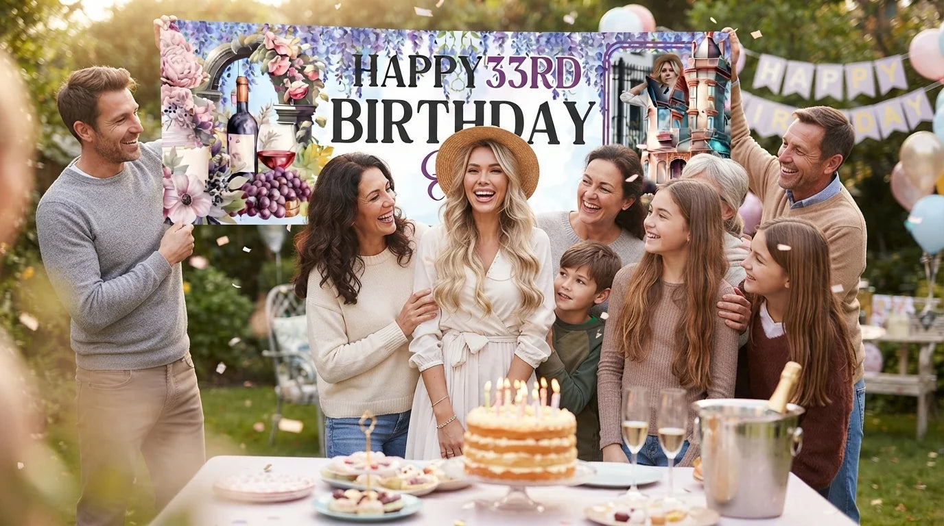 Friends and family celebrating with the personalised Bridgerton Theme Birthday Party Banner