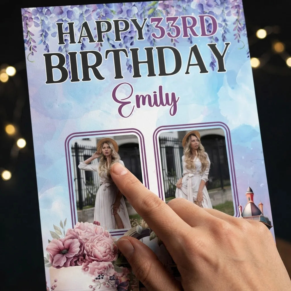Close-up of the personalised name and photo printed on the Bridgerton Theme Birthday Party Mega Card