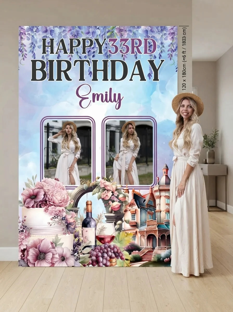 Person standing beside the Bridgerton Theme Birthday Party Mega Card for scale in a size guide