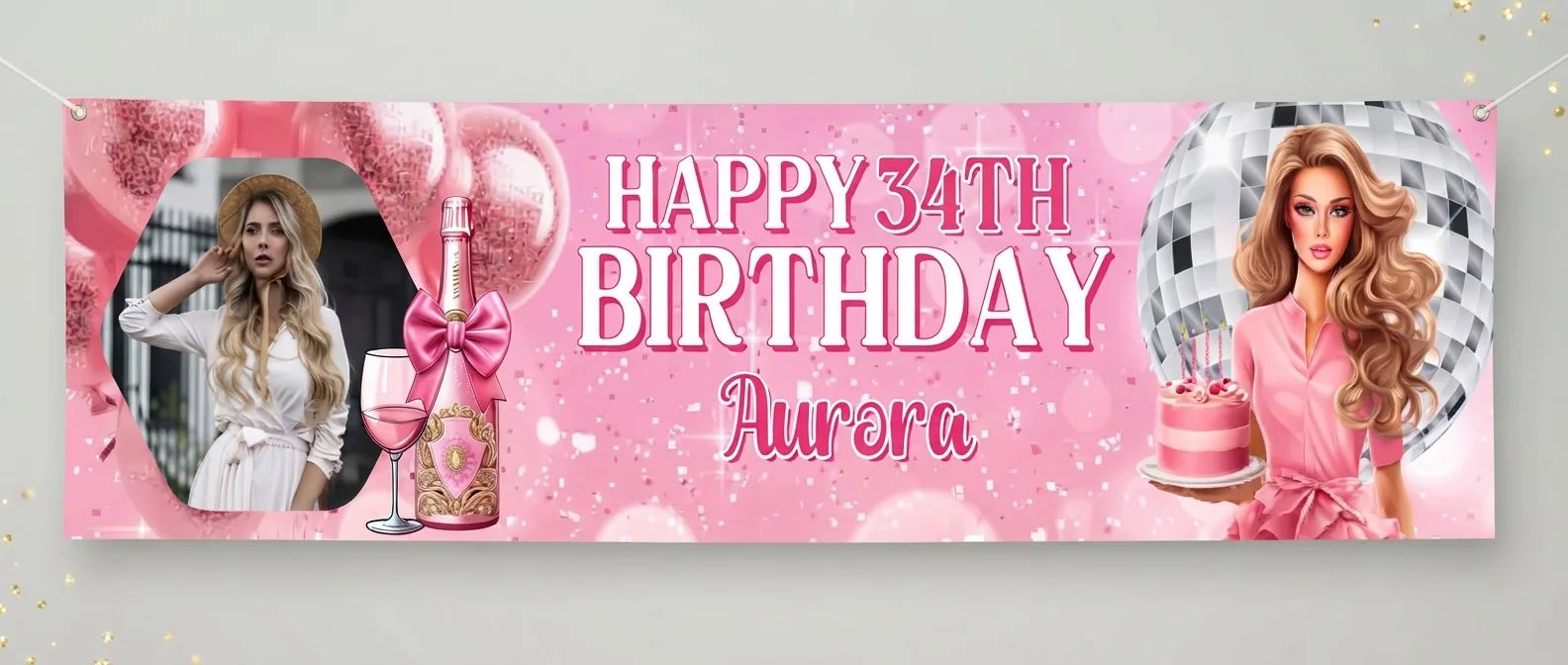 Personalised Barbie Disco Theme Birthday Party Banner displayed against a plain studio background