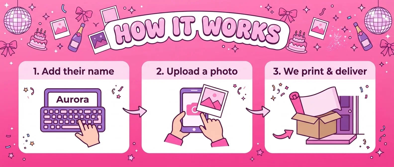 How it works: add a name, upload a photo, and we print and deliver the Barbie Disco Theme Birthday Party Banner