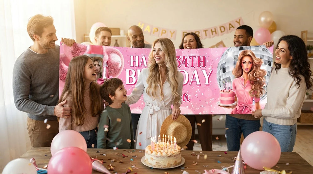 Friends and family celebrating with the personalised Barbie Disco Theme Birthday Party Banner
