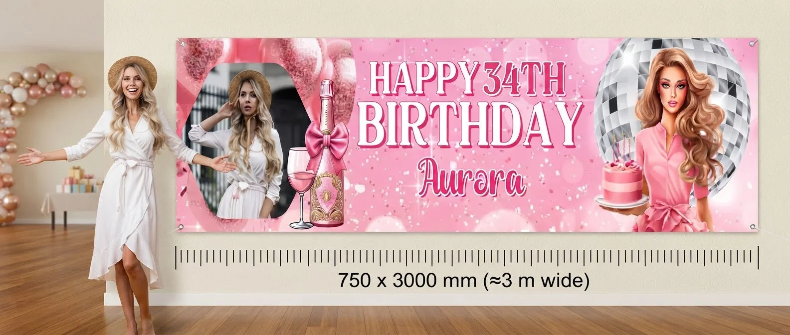 Person standing beside the Barbie Disco Theme Birthday Party Banner for scale, with size guide showing 750 x 3000 mm