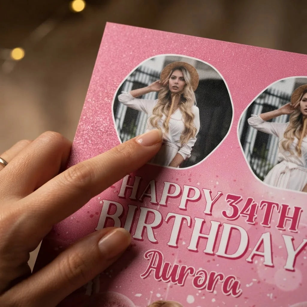 Close-up of the personalised name and photo printed on the Barbie Disco Theme Birthday Party Mega Card