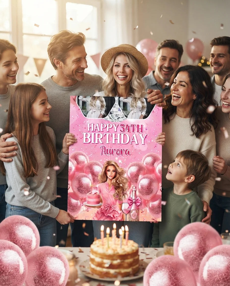 Friends and family celebrating with the personalised Barbie Disco Theme Birthday Party Mega Card