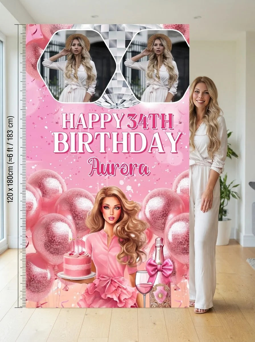 Person standing beside the Barbie Disco Theme Birthday Party Mega Card for scale in a size guide