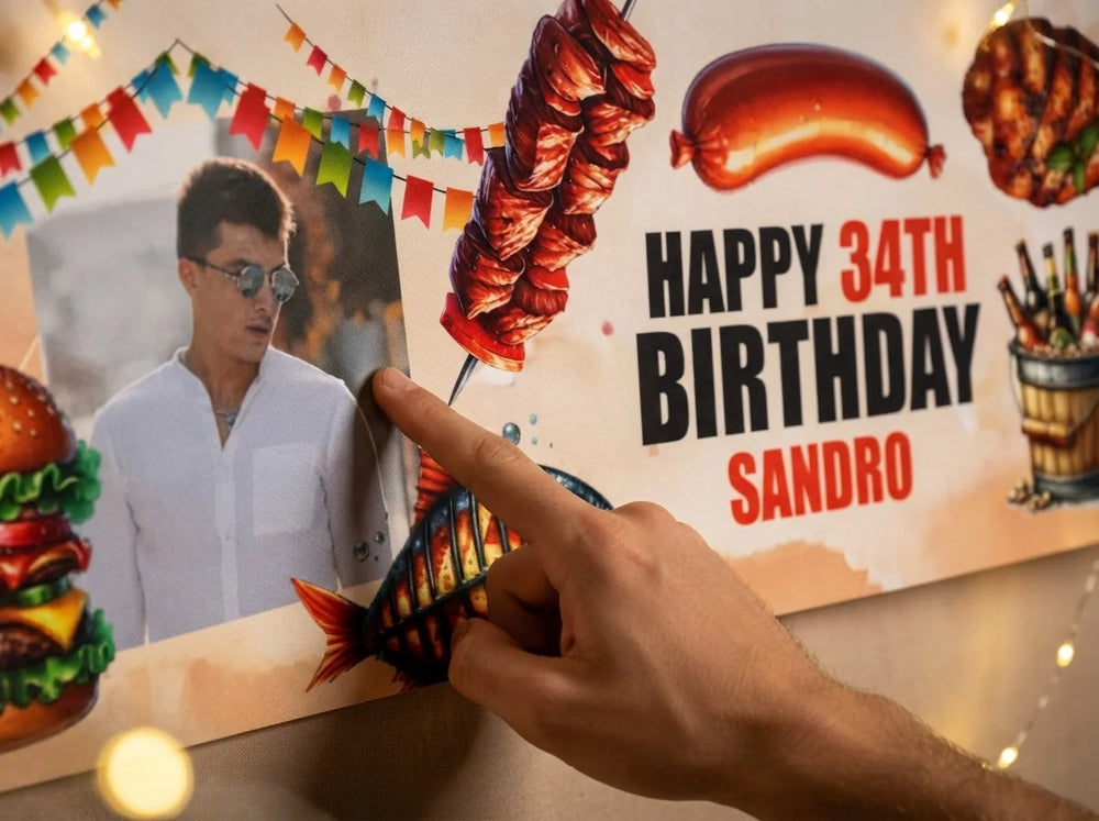 Close-up of the personalised name and photo printed on the BBQ Theme Birthday Party Banner