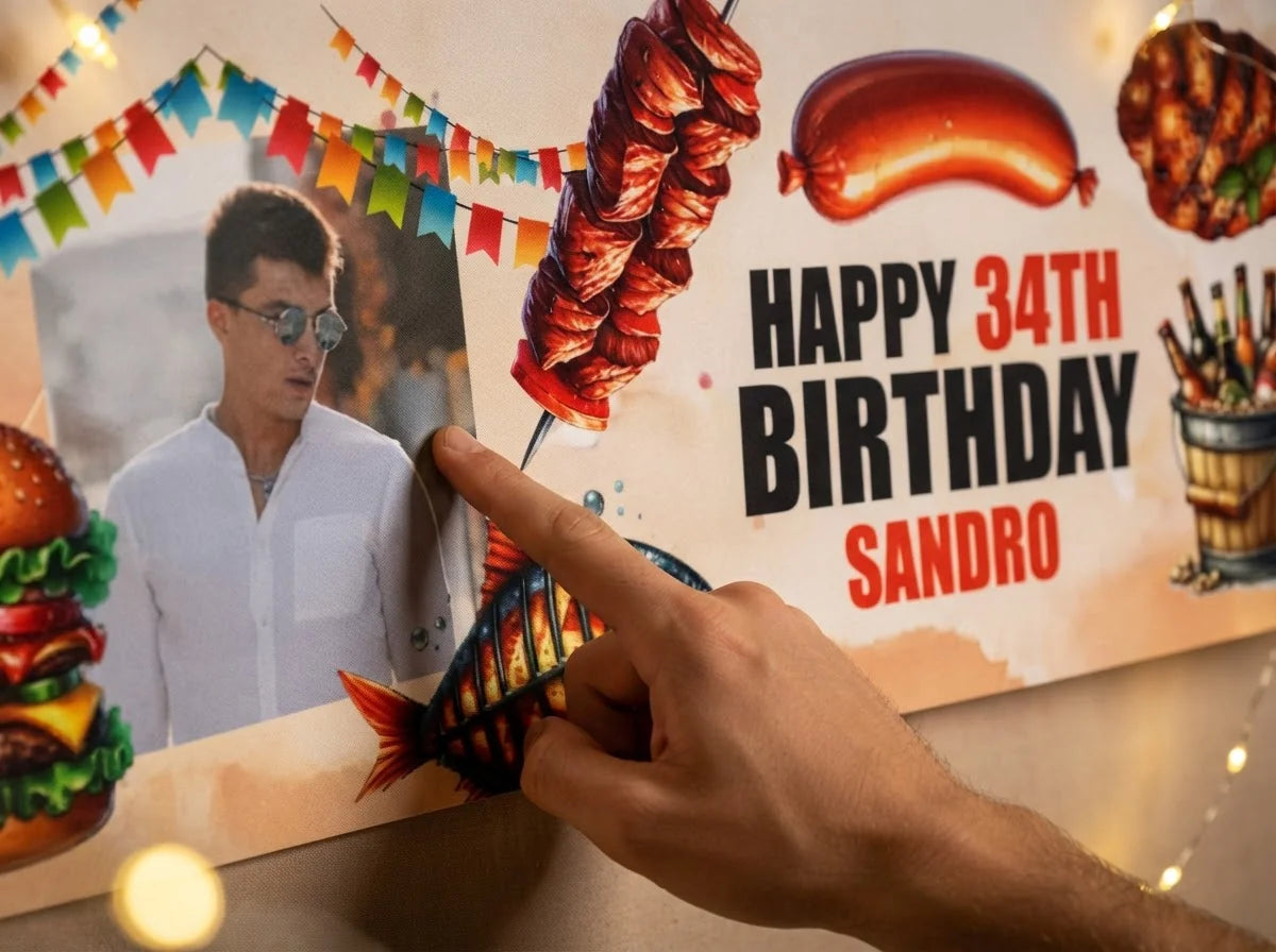 Close-up of the personalised name and photo printed on the BBQ Theme Birthday Party Banner