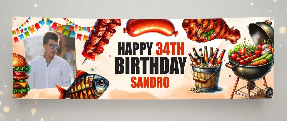 Personalised BBQ Theme Birthday Party Banner displayed against a plain studio background