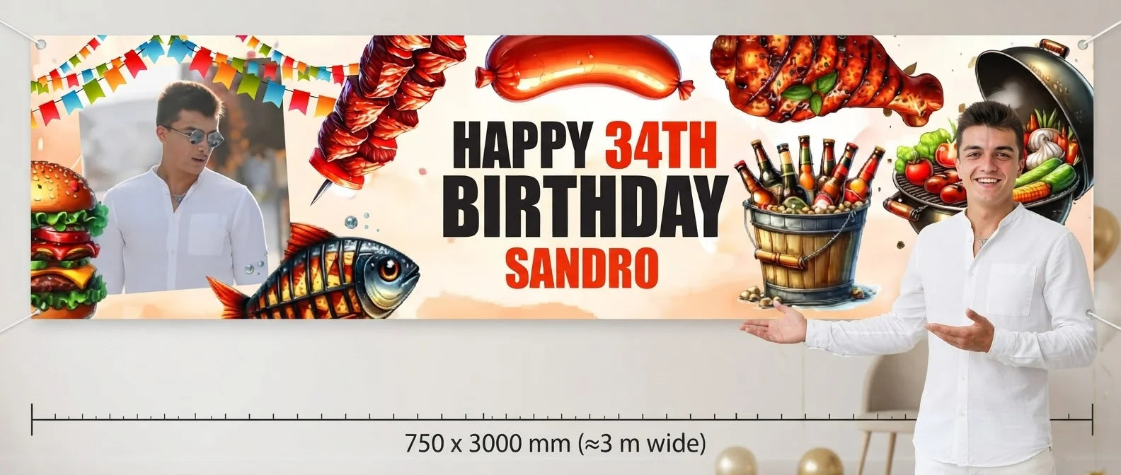 Person standing beside the BBQ Theme Birthday Party Banner for scale, with size guide showing 750 x 3000 mm