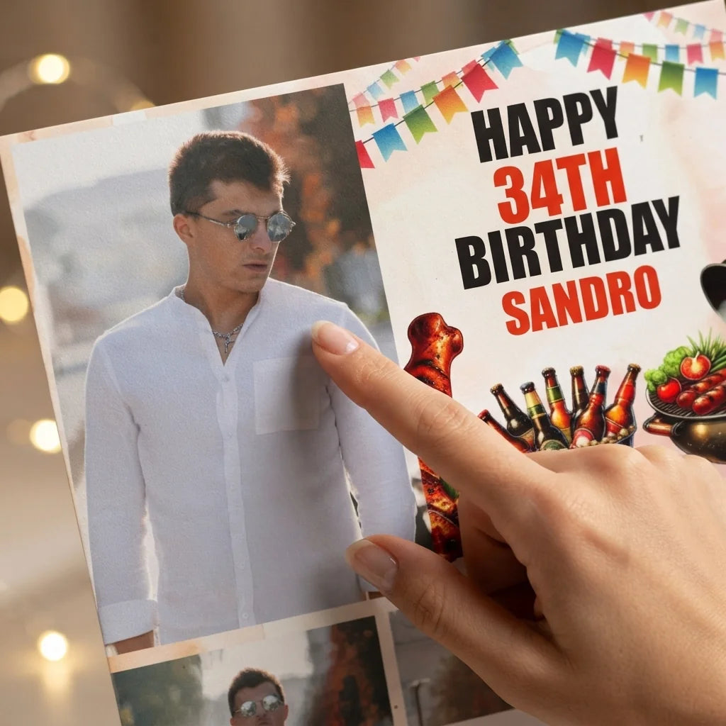 Close-up of the personalised name and photo printed on the BBQ Theme Birthday Party Mega Card
