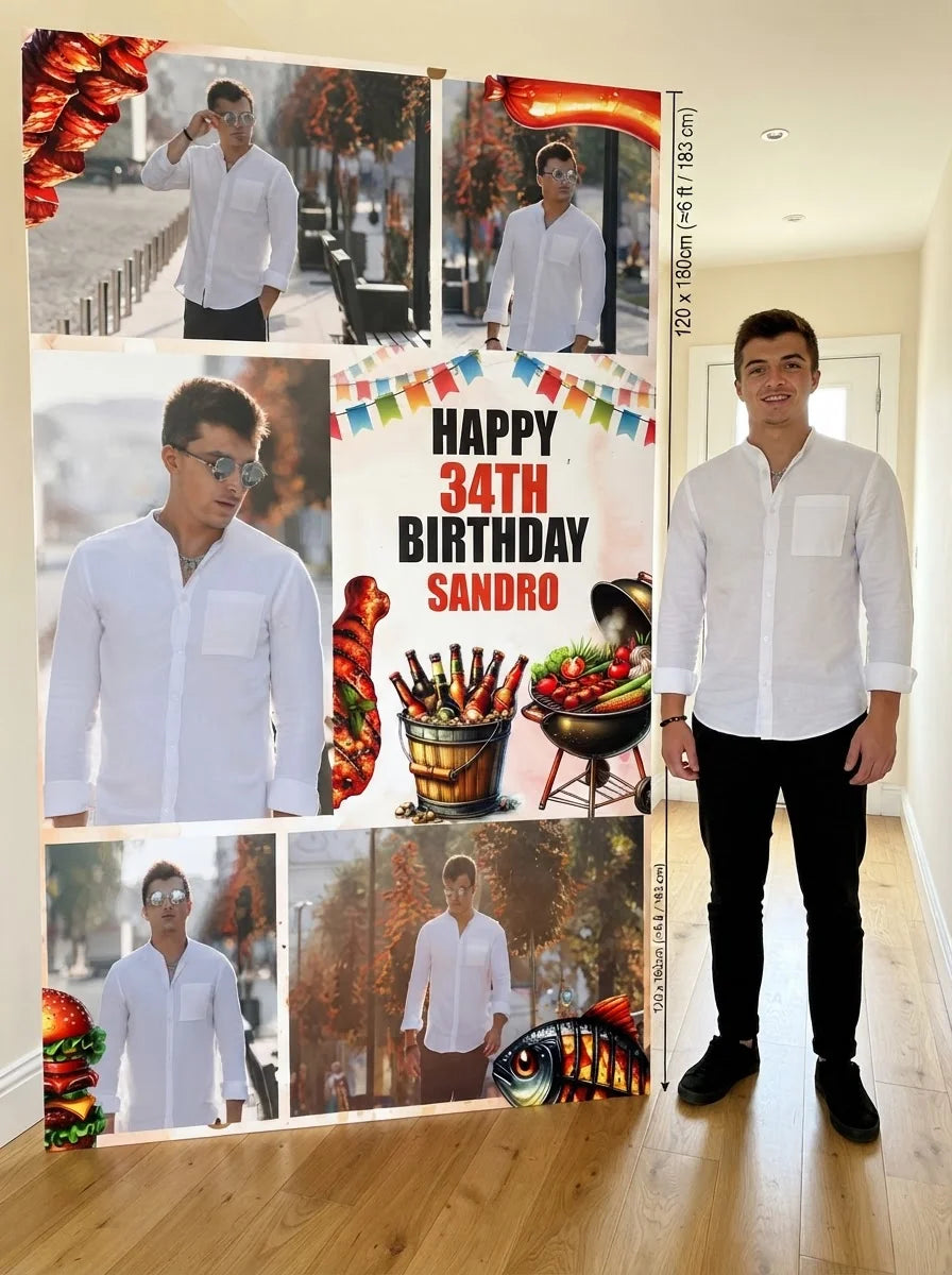 Person standing beside the BBQ Theme Birthday Party Mega Card for scale in a size guide